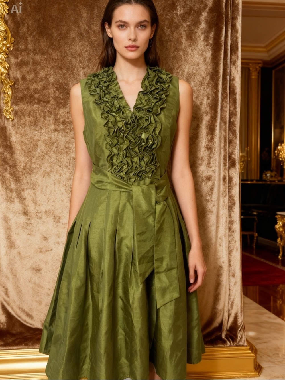 Jessica Howard Olive Green Ruffle V-Neck Midi Dress